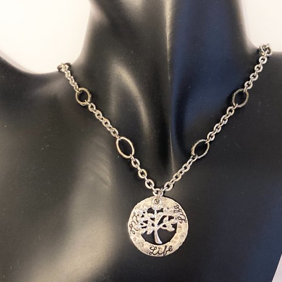 Tree of Life Pendant Necklace 18-21" Chain Message LIFE Silver Tone Serenity - Picture 3 of 11